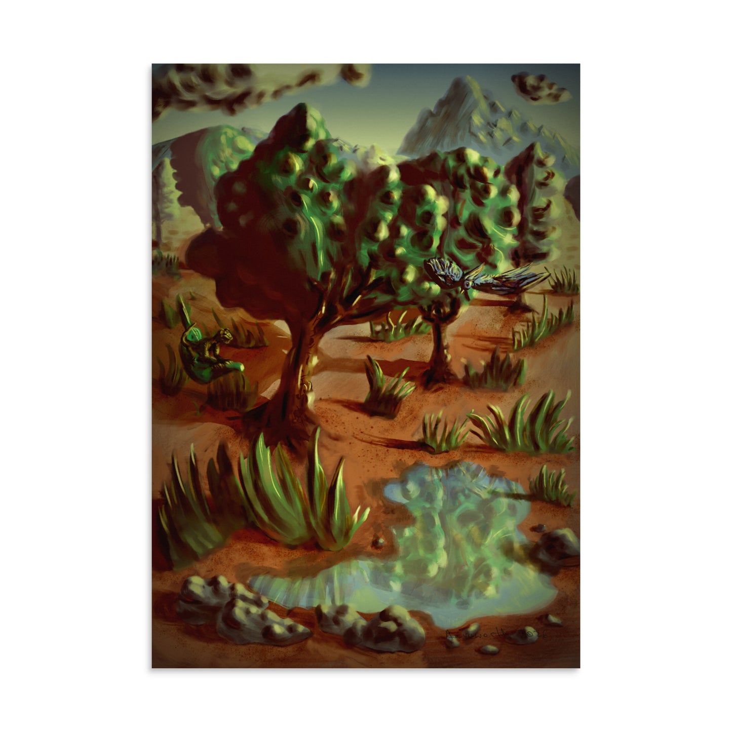 A bird in flight, a lizard character flying on a falling leaf, a small reflective pool, trees, grass and stones in the foreground and hills in the background