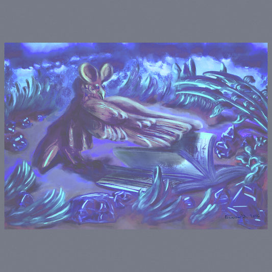 A book, an animal character resembling a bird with large ears, a lot of plants in the foreground and background and blue smoke