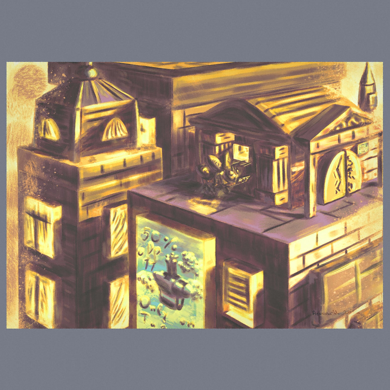 A fantasy cityscape with buildings with glowing windows and an animal character resembling a bee