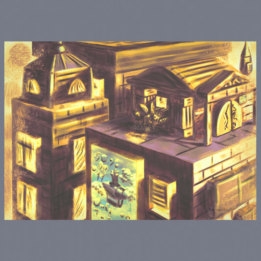 A fantasy cityscape with buildings with glowing windows and an animal character resembling a bee