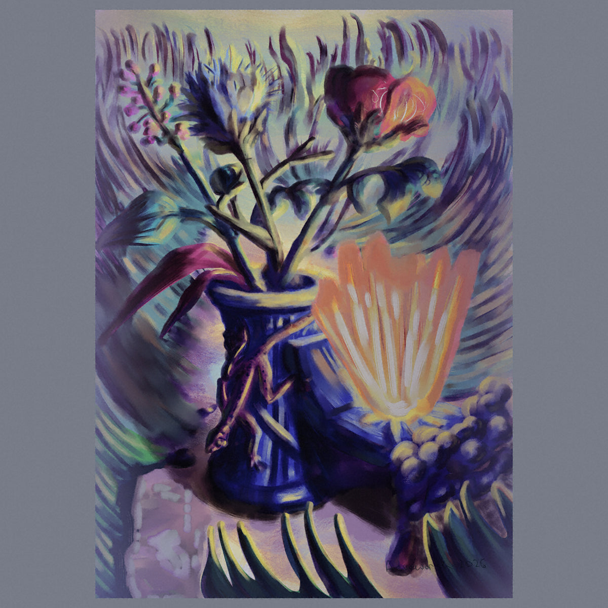 A vase with flowers, a beam of light and an animal character resembling a lizard with a lot of grass in the background