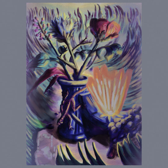 A vase with flowers, a beam of light and an animal character resembling a lizard with a lot of grass in the background