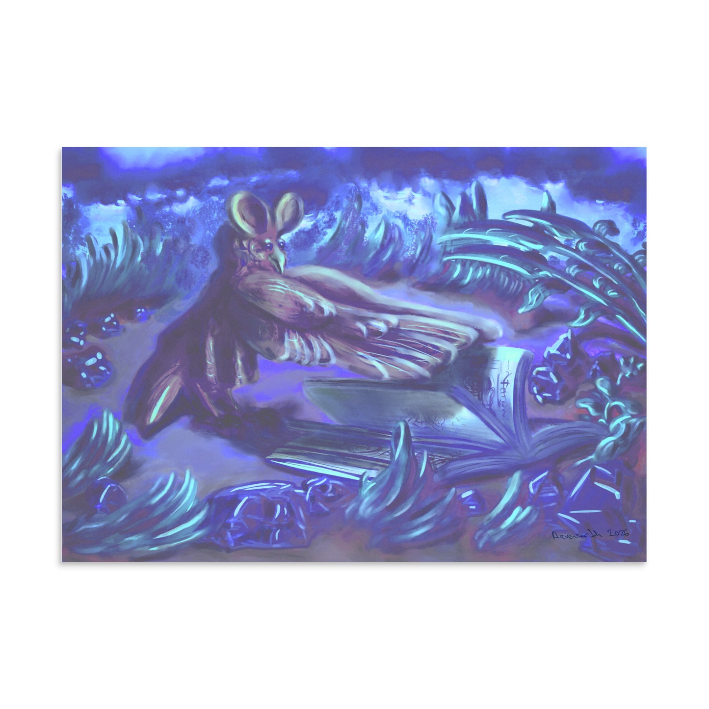 A book, an animal character resembling a bird with large ears, a lot of plants in the foreground and background and blue smoke
