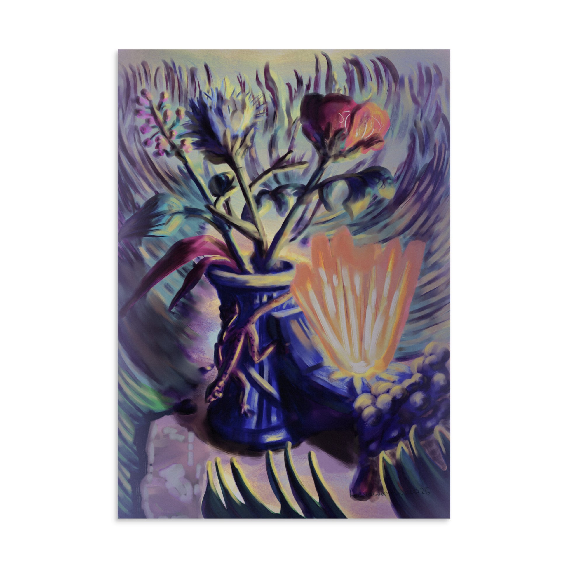 A vase with flowers, a beam of light and an animal character resembling a lizard with a lot of grass in the background