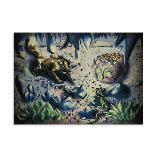 A fox-like and a lizard-like character, a bag of coins, glowing blue minerals, small black stones and grass