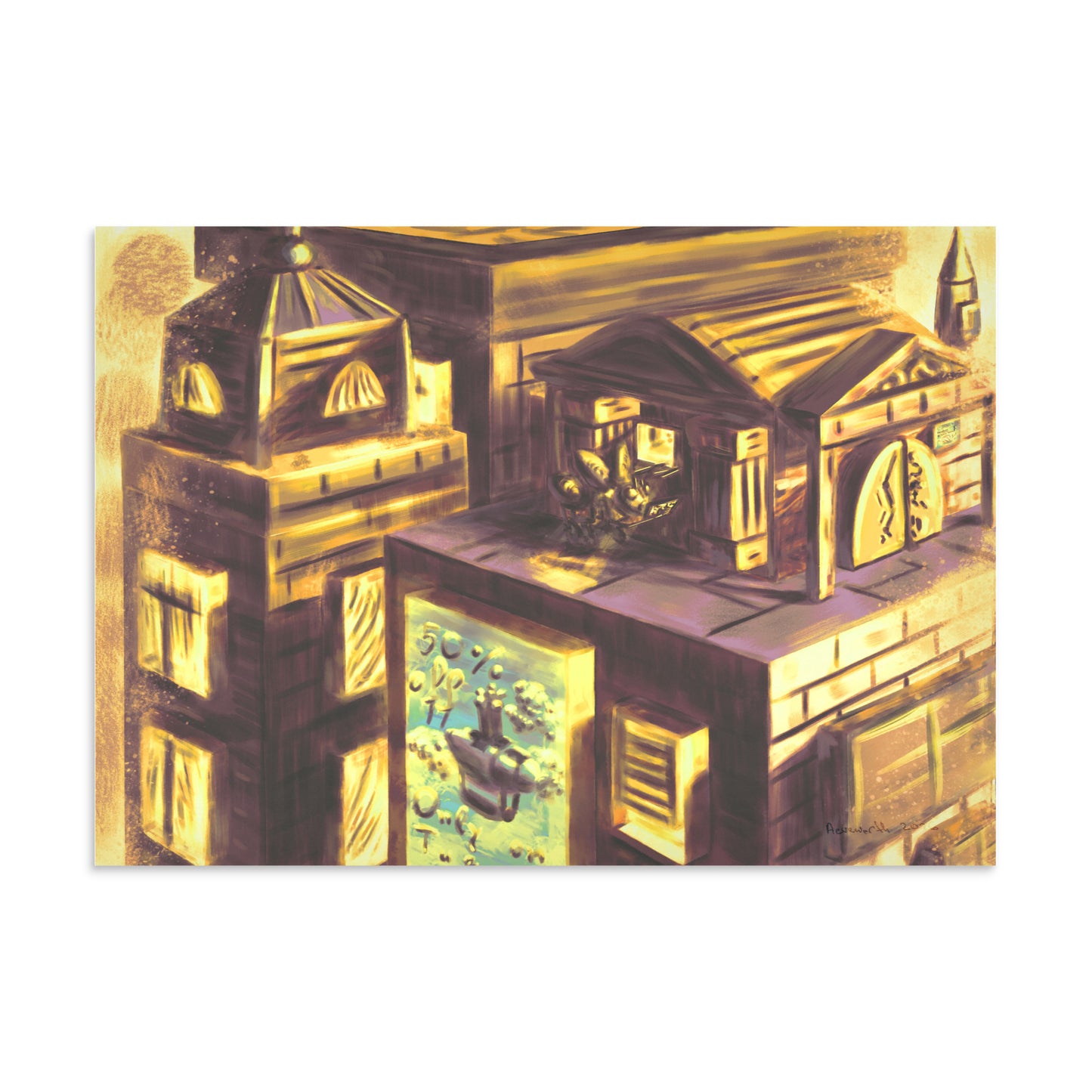 A fantasy cityscape with buildings with glowing windows and an animal character resembling a bee