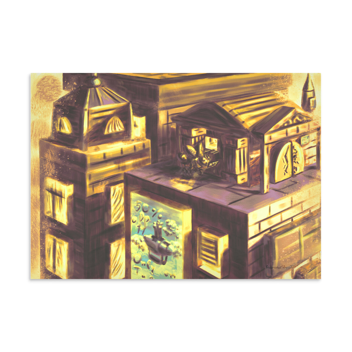 A fantasy cityscape with buildings with glowing windows and an animal character resembling a bee