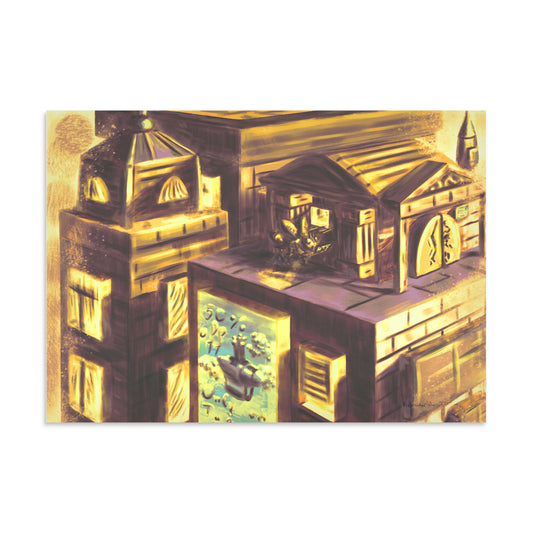 A fantasy cityscape with buildings with glowing windows and an animal character resembling a bee
