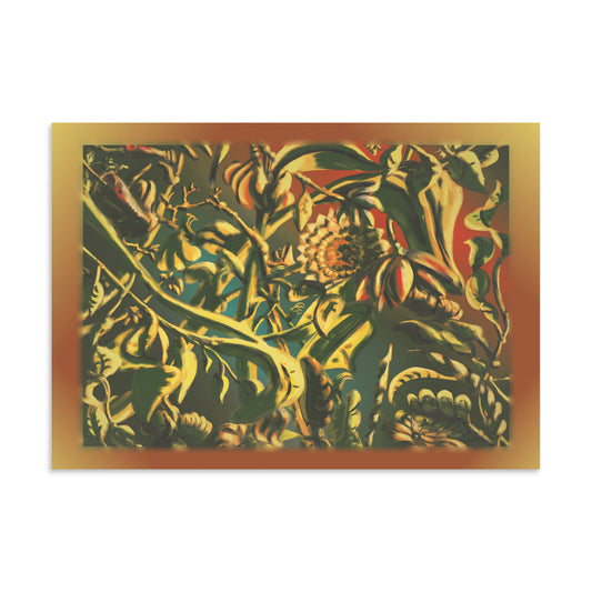 Plants in green, yellow, orange, red tones surrounded by yellow and orange gradient border