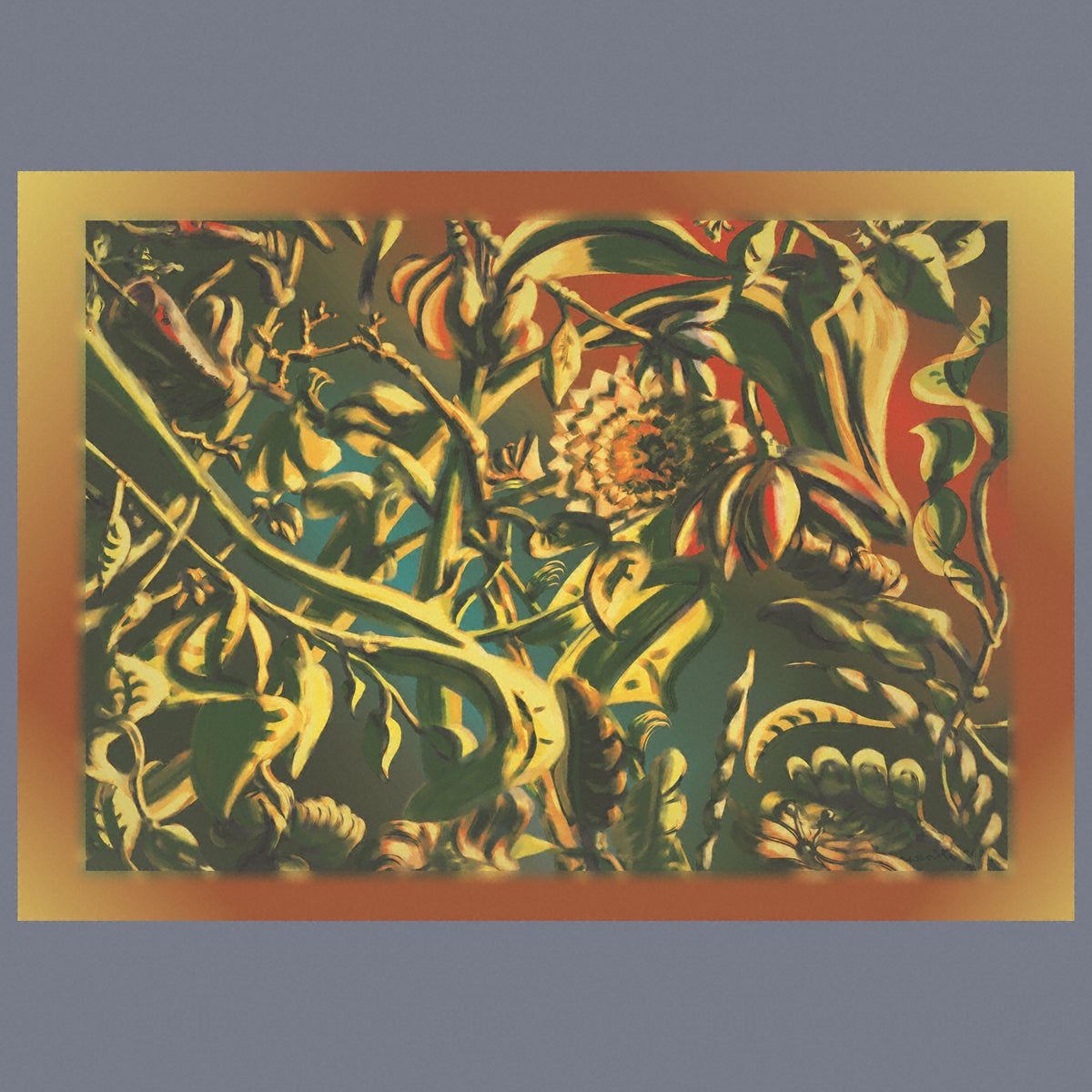 Plants in green, yellow, orange, red tones surrounded by yellow and orange gradient border