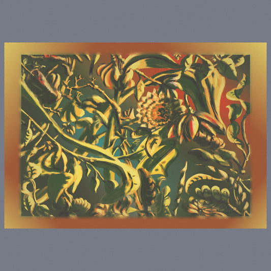 Plants in green, yellow, orange, red tones surrounded by yellow and orange gradient border