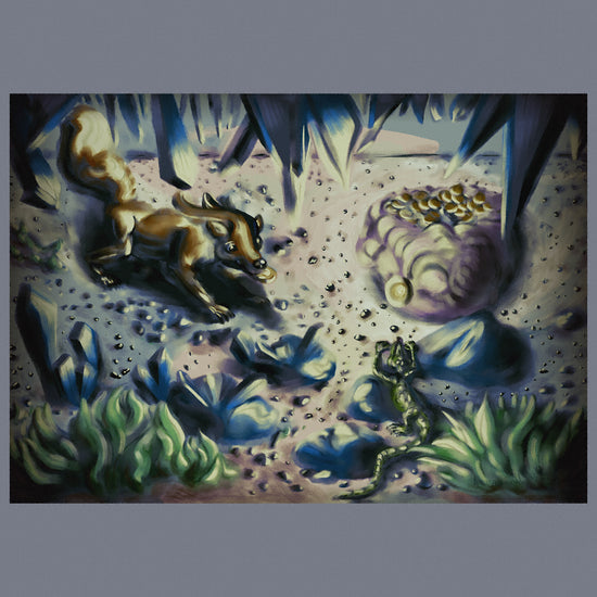 A fox-like and a lizard-like character, a bag of coins, glowing blue minerals, small black stones and grass