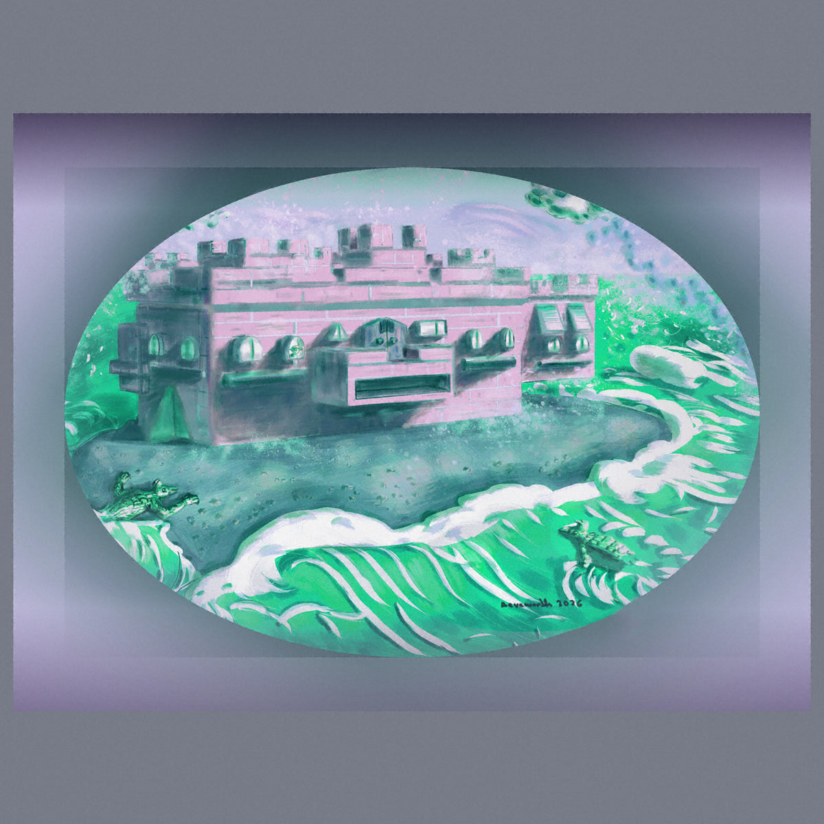 A castle-like building, two green scaly animal characters and a surrounding green sea with a lot of waves