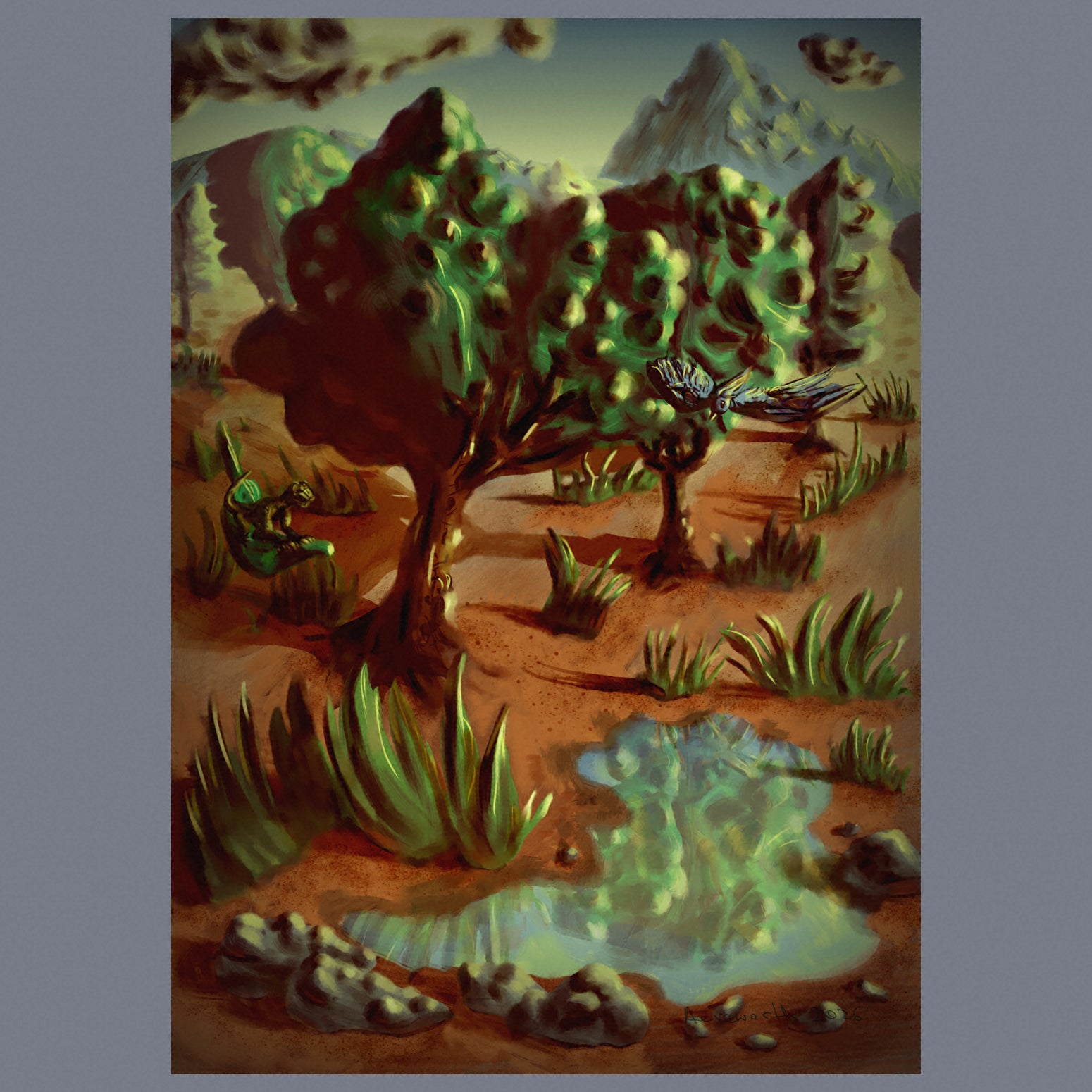A bird in flight, a lizard character flying on a falling leaf, a small reflective pool, trees, grass and stones in the foreground and hills in the background